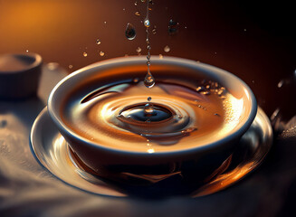Poster - Golden liquid droplets impact a shallow white bowl, creating concentric ripples.  Warm light illuminates the scene, highlighting the liquid's texture.