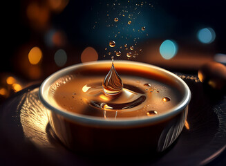 Poster - A single drop of liquid falls into a shallow bowl, creating a perfect ripple effect. The liquid is dark amber, reflecting light beautifully against a dark background with bokeh.