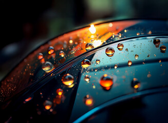 Poster - Close-up of water droplets on a dark, reflective surface.  The droplets refract warm light, creating vibrant highlights. The scene evokes a feeling of coolness and dampness contrasted with warmth.