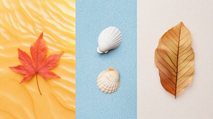 Poster - Autumn Leaf, Seashells, and Dry Leaf on Textured Backgrounds with Vibrant Colors and Natural Elements