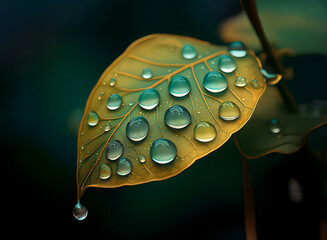 Poster - Close-up of a single leaf, glistening with numerous water droplets.  The leaf displays a vibrant blend of yellow and green hues against a dark background.  A single drop hangs precariously from its ti
