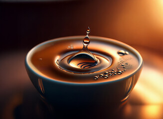 Poster - A single drop of liquid impacts a shallow bowl of amber liquid, creating concentric ripples and tiny bubbles.  Warm, golden light illuminates the scene.