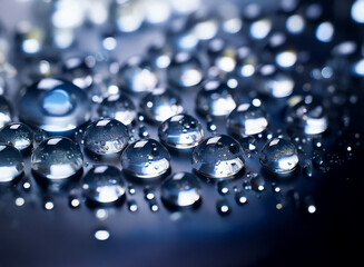 Aufkleber - Close-up of glistening water droplets on a dark surface, reflecting light.  The image showcases varying sizes and shapes of the droplets creating a mesmerizing texture.