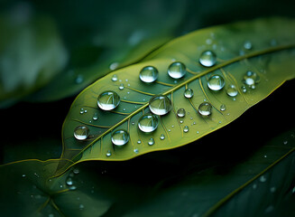 Poster - Close-up of dew drops on lush green leaves, showcasing nature's vibrant detail and the beauty of water droplets on a natural surface.  The image has a dark, moody background enhancing the contrast.