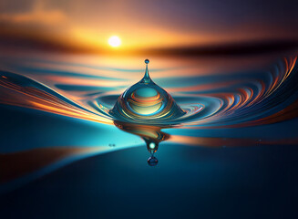 Poster - A single water droplet creates mesmerizing ripples on a calm ocean surface at sunset, showcasing vibrant colors and reflective symmetry.
