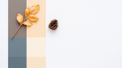 Poster - Autumn Still Life with Color Palette, Dried Leaf, Pine Cone on Minimalist Background for Home Decor and Design Inspiration
