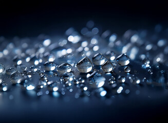 Aufkleber - Close-up view of numerous glistening water droplets on a dark surface, illuminated with a dramatic, moody light.  The droplets vary in size and shape, creating a textured, reflective pattern.