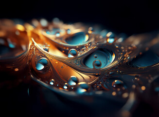 Fototapete - Intricate, golden, organic forms with teal droplets.  A close-up view reveals a complex, almost fractal structure with gleaming, reflective surfaces.  The image evokes a sense of mystery and natural w