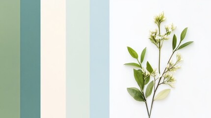 Poster - Elegant Arrangement of Green Leaves and Flowers Against Colorful Vertical Stripes for Nature and Design Inspiration