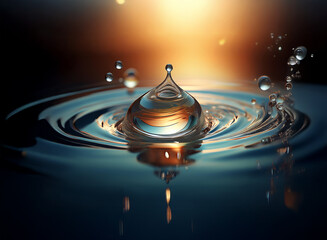 Poster - A single water droplet falls, creating concentric ripples on a dark, reflective surface.  Warm sunset light illuminates the scene, highlighting the droplet's translucency and the dynamic movement of t