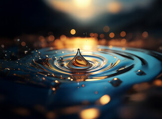 Poster - A single drop of liquid creates concentric ripples on a dark blue surface at sunset.  The droplet glistens, reflecting the warm light. Tiny bubbles rise to the surface.