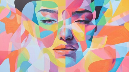 Poster - Colorful Abstract Portrait of a Woman with Geometric Shapes and Bright Hues