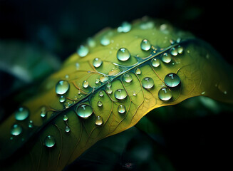 Poster - Close-up of a leaf, glistening with numerous water droplets.  The leaf's veins are visible, and the background is dark, creating a dramatic contrast.  The image evokes feelings of freshness and nature