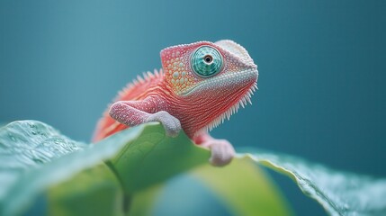 Poster - Colorful chameleon perched on a leaf, showcasing vibrant skin and unique eyes in a close-up shot against a soft blue background