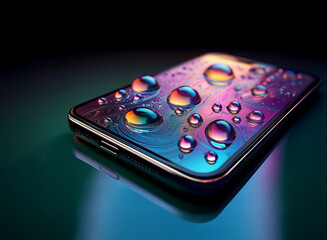 Leinwandbilder - A sleek smartphone rests on a reflective surface, adorned with iridescent water droplets.  The vibrant colors create a captivating, almost abstract image.