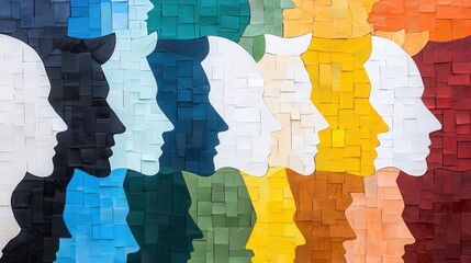 Poster - Artistic collage of human silhouettes created with colorful paper squares showcasing diversity and creativity in design