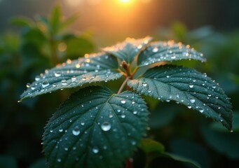 Wall Mural - Dew drops glimmer on green leaves as sunlight breaks through morning mist