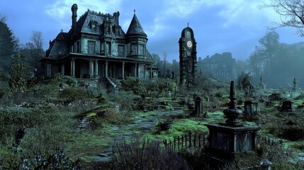 Wall Mural - Abandoned mansion and graveyard at twilight. overgrown, decaying, spooky, eerie, vintage, historical, weathered, antique, decaying, derelict, neglected, overgrown, spooky, haunted, mysterious, abandon