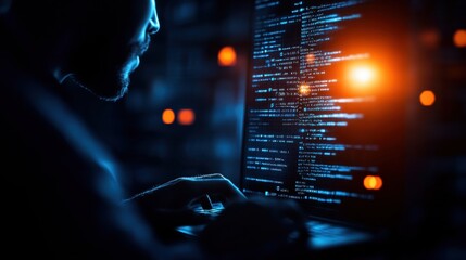Poster - Focused Man Engaged in Work on Laptop in Cozy Home Office Environment Surrounded by Books and Soft Ambient Lighting