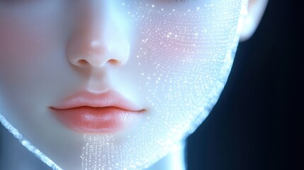 Poster - Intricate Digital Patterns Merging with a Woman's Face Creating a Fusion of Technology and Human Expression in Art