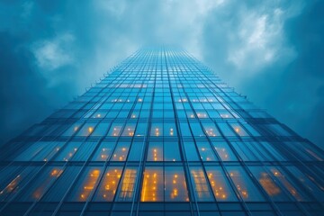 Wall Mural - futuristic blue glass skyscraper reaching into cloudy sky with dramatic upward perspective and moder