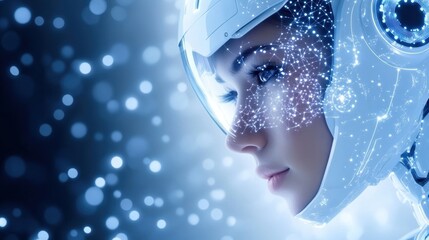 Poster - Futuristic Woman Wearing Helmet with Intricate Design and Bold Facial Features in a Sci Fi Inspired Urban Environment