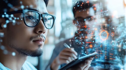 Poster - Focused Man with Glasses Engaged with Tablet in a Minimalistic Modern Workspace Highlighting Technology and Concentration
