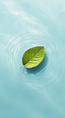 Poster - Green leaf gently floating on a turquoise water surface, creating mesmerizing concentric circles, offers a tranquil and refreshing scene of nature's delicate beauty