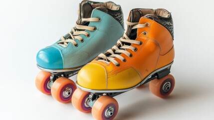 A set of roller skates with contrasting wheels, displayed diagonally on white,