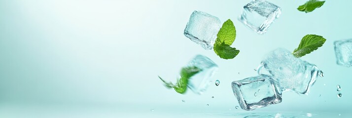 Poster - Ice cubes and mint leaves are levitating on a light blue background, creating a refreshing and cool visual with water droplets adding a dynamic touch