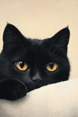 Poster - Black cat with golden eyes resting on a light background