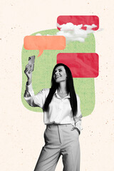 Aufkleber - Composite trend artwork image photo collage of speech cloud chatting app social media young lady stand smartphone selfie video blogger