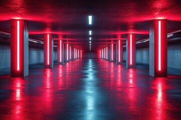 Wall Mural - futuristic underground parking garage interior with glowing red neon lights and minimalist architect
