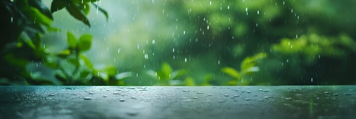 Poster - Heavy rain cascading onto a wet surface, with blurred green foliage in the background, creates a serene and refreshing atmosphere, evoking feelings of tranquility and calm