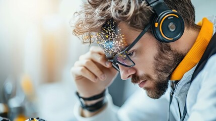 Poster - Focused Man with Headphones Engrossed in Work at a Computer in a Modern Office Setting with Soft Ambient Lighting