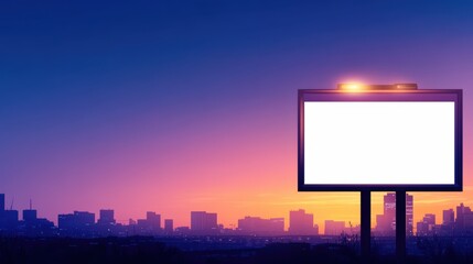 Poster - Vibrant Urban Scene Featuring a Billboard Against a Stunning City Skyline at Dusk with Glowing Lights and Modern Architecture