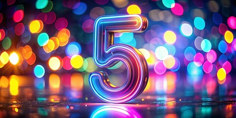 Poster - Floating Neon Number 5 with Bokeh Background - Abstract Stock Photo