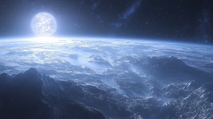 Wall Mural - alien planet: a breathtaking view of a distant world with majestic mountains, a luminous moon, and a
