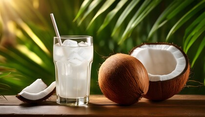 Wall Mural - Refreshing Coconut Water Drink with Ice Tropical Leaves Background