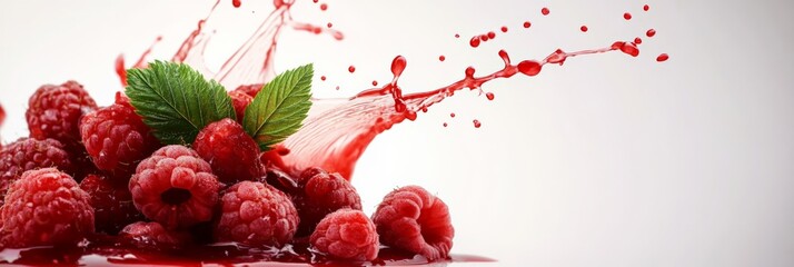 Aufkleber - Fresh, ripe raspberries creating a splash of juice with vibrant green leaves, set against a clean white background, capturing the essence of summer and freshness