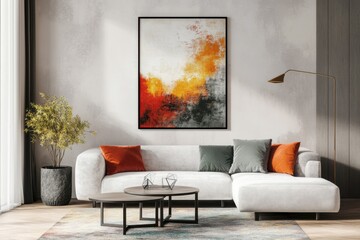 Wall Mural - Stylish living room mock-up showcasing a minimalist poster frame in an elegant interior design for home decor inspiration and modern aesthetics