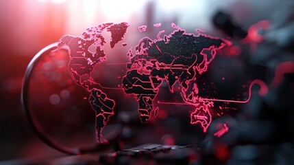 Poster - Illuminated World Map Featuring Red Light Highlights Against a Dark Background Evoking Global Connectivity and Awareness