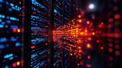 Poster - Hightech Server Room Filled with Multiple Racks of Servers Glowing with Lights Creating a Futuristic Digital Environment