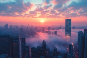 Wall Mural - illuminated urban skyline at blue hour with modern glass skyscrapers reflecting sunset colors and city lights in foggy atmosphere