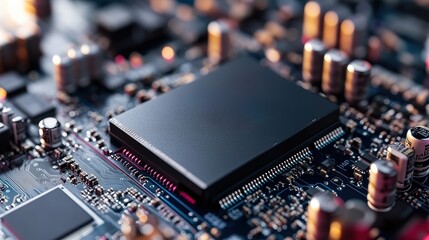 Poster - Intricate Close Up of a Modern Computer Motherboard Showcasing Detailed Circuits Chips and Connectors in a High Tech Setting