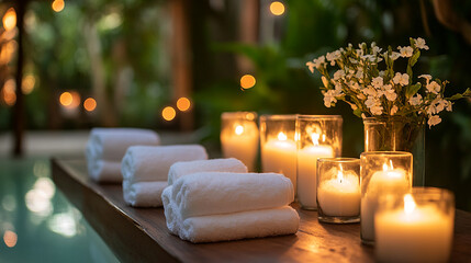 Poster - Serene spa setting with towels, candles, and flowers by a pool in lush greenery