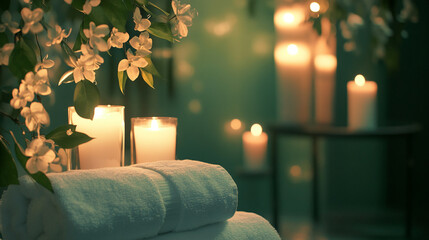 Poster - Calm spa setup with towels, candles, and flowers in a tranquil green environment