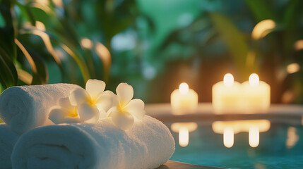 Poster - Tranquil spa setting with candles, white towels, flowers, and a pool