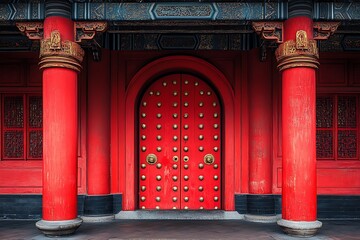 Traditional red Chinese temple door with ornate details