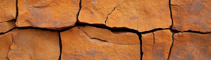 Cracked Earth Texture: Deep orange-brown stone, fractured and weathered, showing natural cracks and fissures.  A close-up view of geological texture.